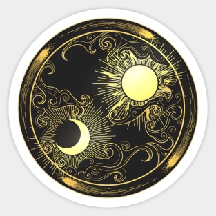 Hand drawn decorative graphic design element in oriental style. Sun, Moon, clouds and comets Sticker